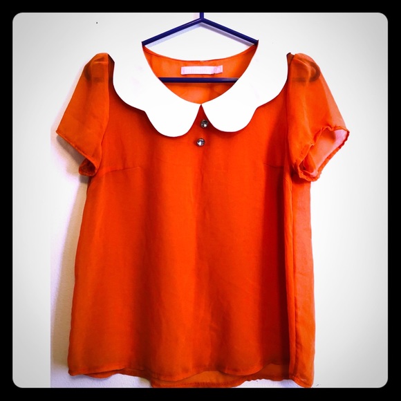 Priscu Essentials Tops - Retro Silky Collar Blouse Rhinestones Coral Medium